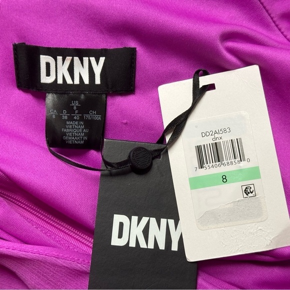 DKNY Chiffon Smocked Ruffle-Hem Dress V Neck Fit and Flare Long Sleeve Pink 14 - Picture 4 of 4